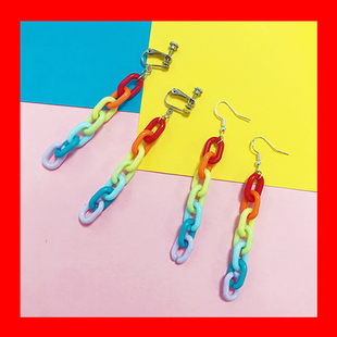 a.n.a就是喜欢泫雅风~925彩虹亚克力糖果，色拼接链条耳夹耳环