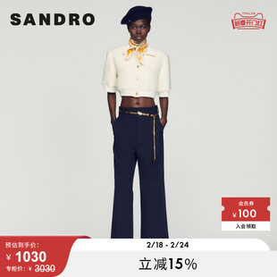 SANDRO Outlet女装法式羊毛混纺短款白色短袖针织上衣SFPVE00752