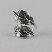 s925纯银复古泰银树叶子个性夸张时尚，女食指开口戒指环老银匠手工