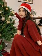 红色半高领针织毛衣连衣裙女秋冬圣诞战袍氛围，感包臀小妈裙带袖套