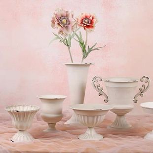 高脚杯花器白色做旧花瓶花翁复古怀旧铁艺欧式餐桌插花