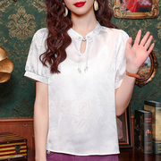 新中式国风盘扣短袖衬衫女款2024夏季高级感气质立领雪纺上衣衬衣