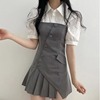 韩国chic夏季小个子泡泡袖衬衫+不规则百褶吊带裙连衣裙两件套女