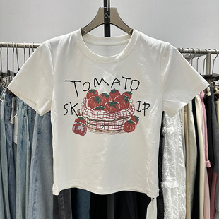 欧货2024春夏甜美手绘小番茄图案短袖T恤女夏季显瘦短款上衣