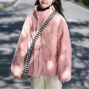 小个子立领粉色短款棉服女2024冬甜美小清新宽松面包棉衣外套