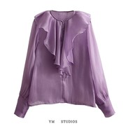 欧美女装  2022春夏季时尚紫色亮丝双层荷叶领衬衫长袖打底衫罩衫