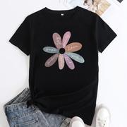 纯棉女大码花朵字母时尚圆领短袖T恤Women Summer Cotton tshirts