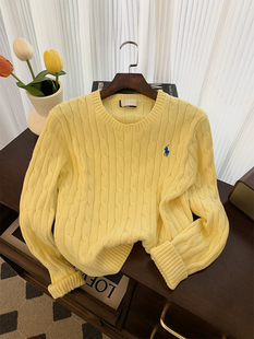 2023韩版黄色圆领套头麻花，针织衫女时尚，甜美减龄休闲软糯毛衣
