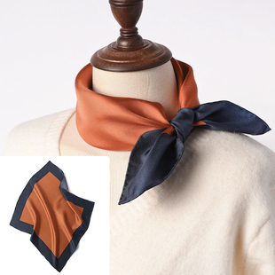 高级拼色丝巾真丝小方巾，橘红色纯桑蚕丝女士，装饰百搭围巾高档冬季
