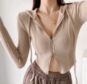 sup美式双开拉链，连帽针织开衫女春秋，百搭显瘦坑条内搭毛衣外套