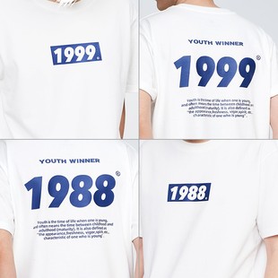 1986-2002复古出生年份数字宽松短袖，t恤男情侣装夏季纯棉半袖上衣