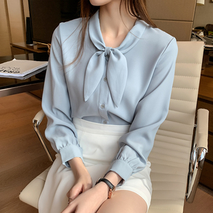 蓝色职业衬衫女雪纺设计感小众垂感通勤职场正装女士衬衣