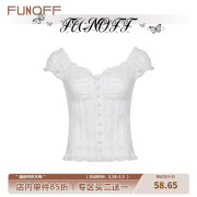 FUNOFF法式复古蕾丝提花褶皱排扣短袖宫廷修身显瘦低领泡泡袖上衣