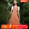电影时装夏季法式复古泡泡，袖短袖拼接橘色，长款连衣裙a字裙
