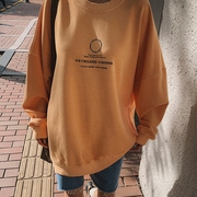韩国2023秋季女士水洗做旧棉，字母印花慵懒风，休闲圆领卫衣橘色