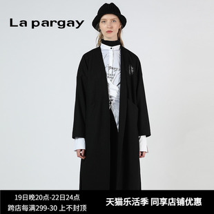 lapargay纳帕佳女装秋季黑色中长款休闲风衣，长袖外套韩版