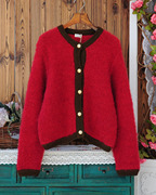 韩国制原单撞色毛圈圈马海毛，纯羊毛温暖厚款枣红，毛衣开衫外套