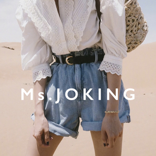 ms.joking|清凉时髦酵素水洗花苞，阔型松紧纸袋，腰翻边牛仔短裤