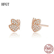 HFGT玫瑰金蝴蝶耳钉S925纯银简约时尚防过敏时尚个性