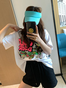 自留韩国2024夏季女装荧光粉色字母蓝色白色宽松短袖T恤