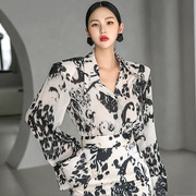 Dint韩国B9095优雅时尚尖领2021年秋季豹纹长袖雪纺衬衫