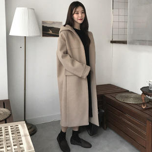 2021秋冬新韩版女毛呢外套黑色米色纯色长款连帽宽松气质呢子大衣