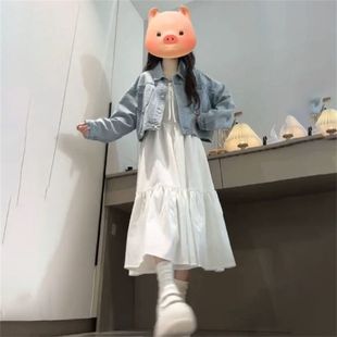 韩系甜美学院风复古蓝色短款牛仔外套女学生叠穿吊带连衣裙两件套