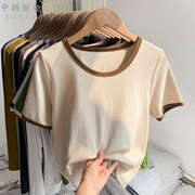超美低圆领螺纹短袖T恤女夏修身显瘦短款纯棉半袖设计感小众针织