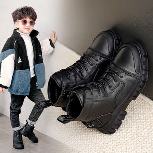 男童马丁靴2023秋冬季儿童靴子，加绒雪地靴真皮棉鞋大男孩短靴