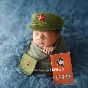 儿童摄影道具新生儿摄影创意红军帽影楼宝宝满月照主题服装小红军