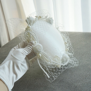 新娘法式复古白色小礼帽，女头饰珍珠，网纱夜上海婚纱旗袍礼服帽子春