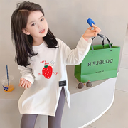 女童中长款开叉t恤2023秋季韩系女孩个性，不规则长袖卡通上衣