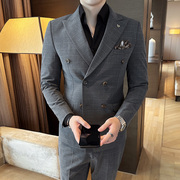 英伦商务修身双排扣格子西服套装男正装礼服套装高级感西装两件套