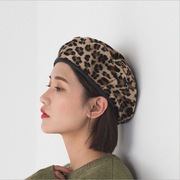 秋冬韩版豹纹图案女士百搭优雅贝蕾帽可调节时装绒布贝雷帽子