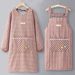 韩版长袖网红围裙纯棉，女家用厨房做饭罩衣防水透气餐饮工作服围腰