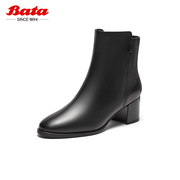 Bata时装靴女冬季商场羊皮通勤百搭粗跟短筒靴ANL54DD3