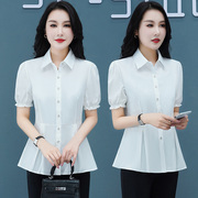 白衬衫女短袖2024夏季韩版修身百搭雪纺衫时尚，减龄中年妈妈装