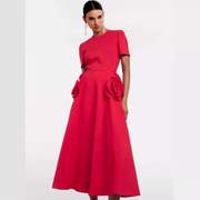 法式红色礼服裙2024夏时尚(夏时尚)优雅圆领短袖，立体玫瑰花朵连衣裙中长裙