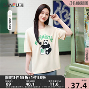 三福t恤2024夏季熊猫图案圆领纯棉短袖宽松洋气减龄上衣女装