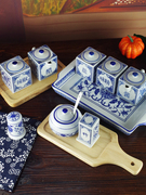 青花瓷复古陶瓷14寸托盘长方盘茶杯托盘酱料托盘餐厅餐桌使用