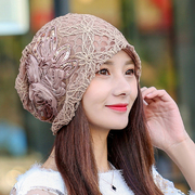 时尚蝴蝶结套头帽子，春秋天女士镂空蕾丝，韩版月子帽花朵头巾帽