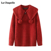 拉夏贝尔/La Chapelle红色翻领套头毛衣女秋冬气质针织衫上衣