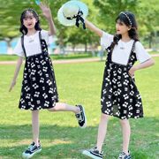 女童连衣裙2023夏季韩版中长款洋气时髦碎花假两件吊带连衣裙