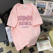 粉红色短袖t恤女潮，ins夏韩版宽松显瘦设计感小众oversize上衣纯棉