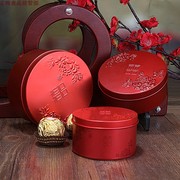 婚庆用品创意结婚糖盒圆形，红色牡丹马口铁，喜糖盒子铁盒礼盒糖果盒