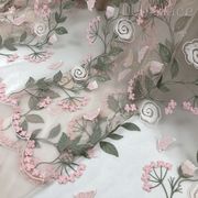 粉色网纱立体刺绣水溶蕾丝面料，蔓藤花台布窗帘，定制服装连衣裙布料