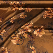 40姆米重磅真丝缎面料高级琥珀色玉兰花枝喷绘印花桑蚕丝旗袍布料