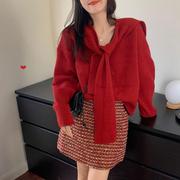 清纯2023年红色针织洋装，子女跨年节，两件式套装春装服新年战袍
