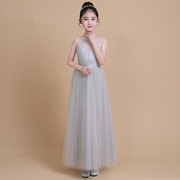 儿童礼服女童公主裙灰色蓬蓬，纱网裙中大童，主持人小礼服钢琴演出服