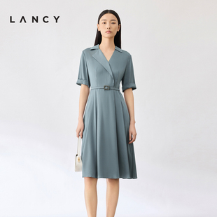 LANCY/朗姿夏季收腰法式真丝翻领连衣裙女高级感通勤显瘦裙子
